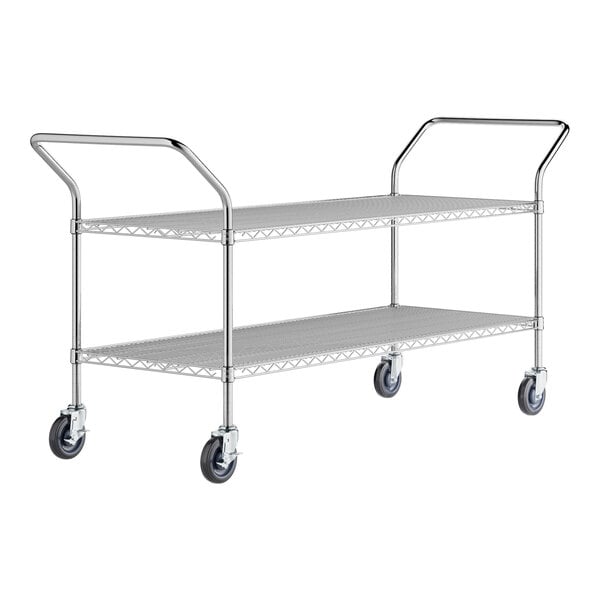 A metal Regency utility cart with two shelves and wheels.