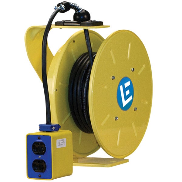 A yellow Lind Equipment extension cord reel with black 12/3 SJOW cable and a yellow quad box.