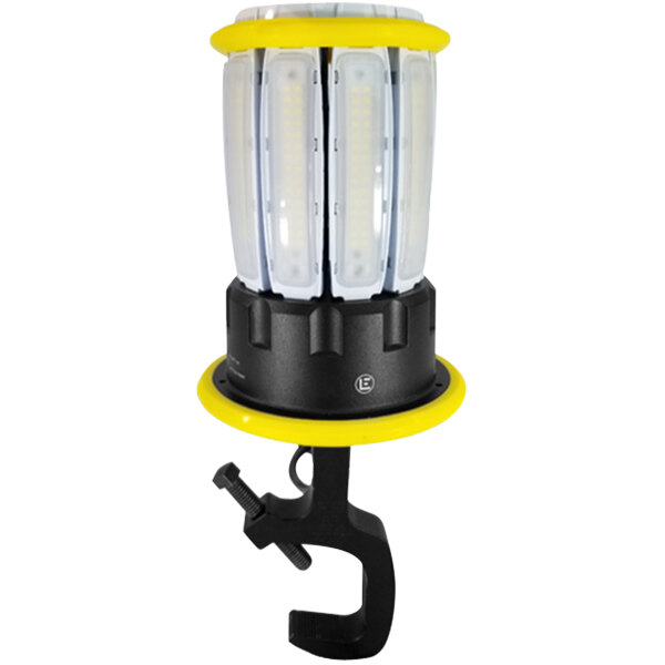 A yellow and black Lind Equipment Beacon360 LED portable area light with a black clamp.