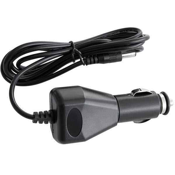 A black car charger with a cord plugged into it.