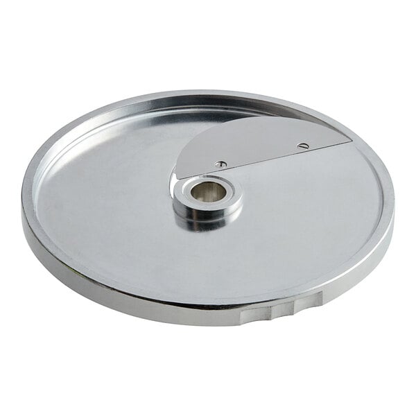 A stainless steel circular AvaMix curved slicing plate with a hole in the center.