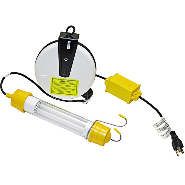 A round white and yellow Lind Equipment work light reel with black wires.