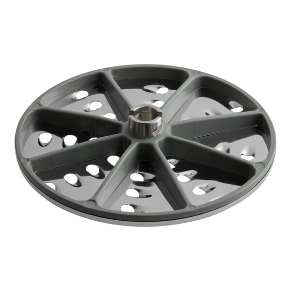 A grey circular AvaMix grating / shredding plate with holes.