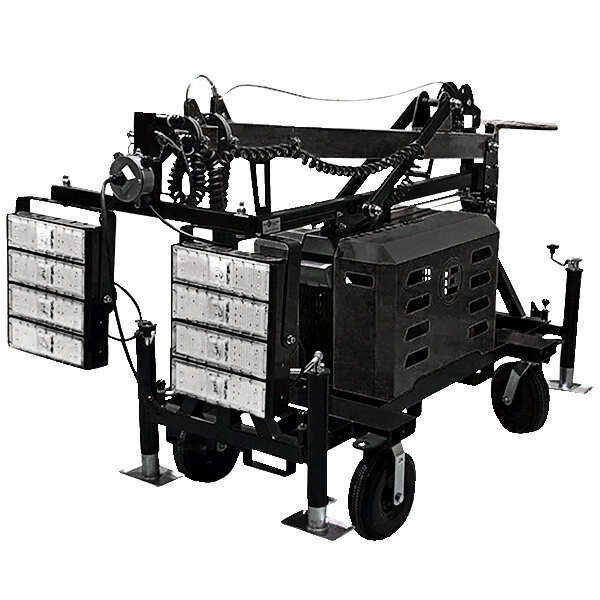 A black Lind Equipment light tower with two LED lights on a horizontal mast.