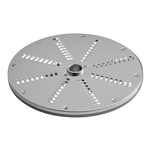 A circular stainless steel AvaMix grating / shredding plate with holes in it.