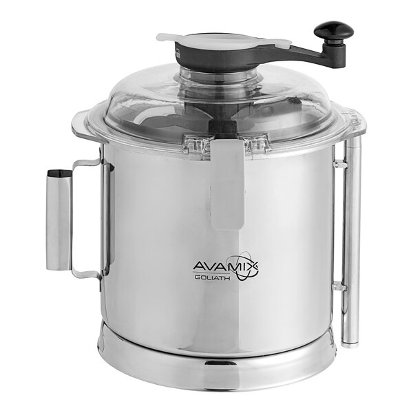 A stainless steel batch bowl with blade for an AvaMix food processor.