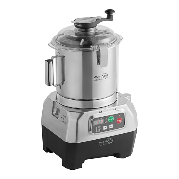 A stainless steel bowl and motor base for an AvaMix commercial food processor.