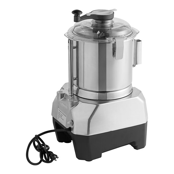 A stainless steel bowl and motor base for a silver and black commercial food processor.
