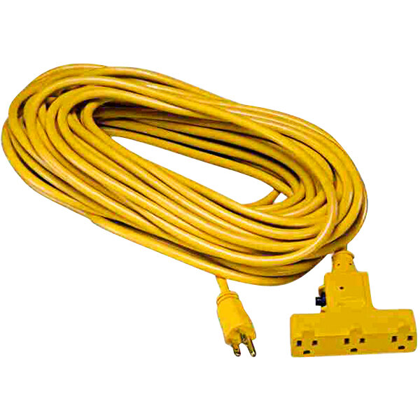 A close-up of a yellow Lind Equipment heavy-duty extension cord with plugs.