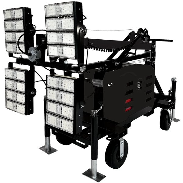 A large black Lind Equipment Beacon LED light tower with four lights on a horizontal mast.