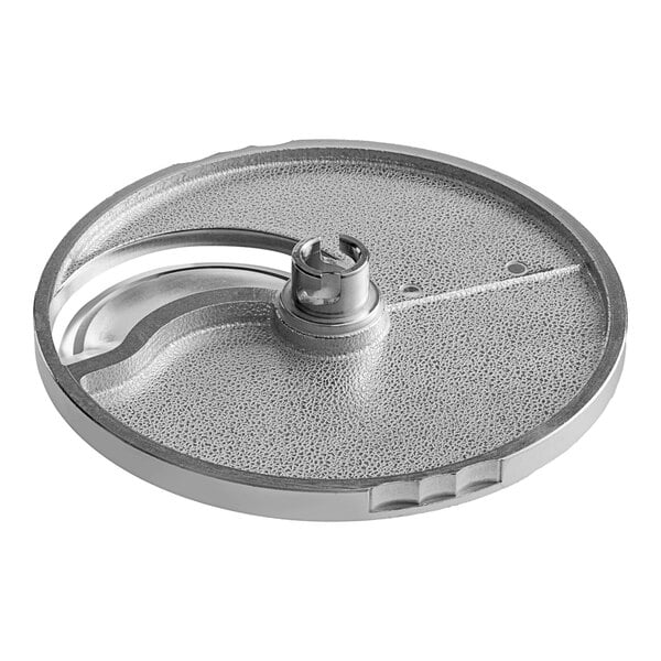 A silver metal AvaMix curved slicing plate with a circular hole.