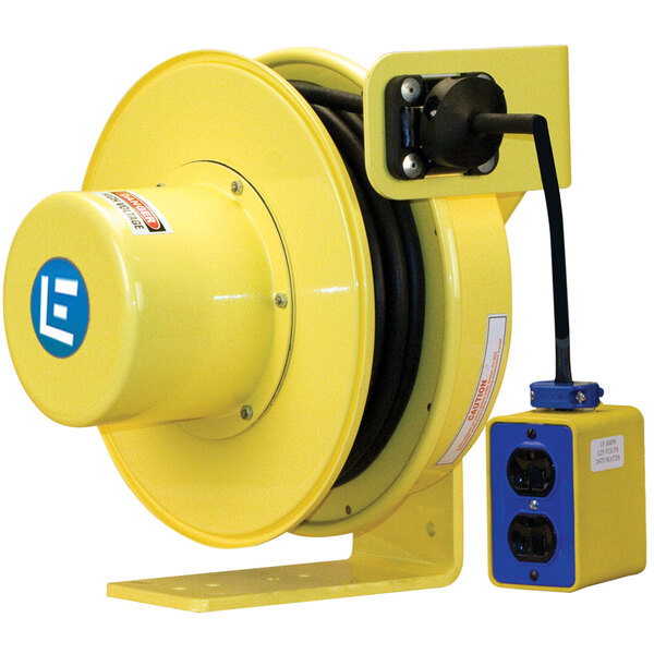 a yellow electrical reel with a blue and white label