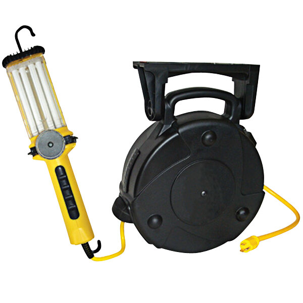 A black and yellow light reel with a yellow cord on a black plastic reel.