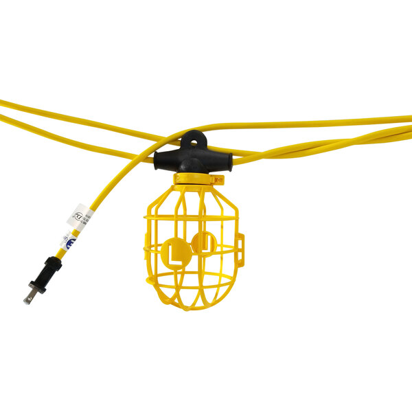 A yellow Lind Equipment string light with plastic guards and a yellow wire.