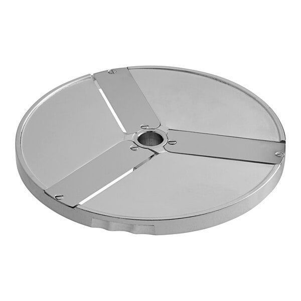AvaMix 3/64" circular metal slicer for food processors with a hole in the center.