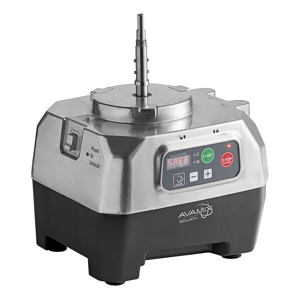 The silver and black AvaMix 928BASEFP2 motor base for 2 hp food processors on a counter in a professional kitchen.