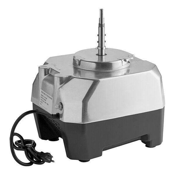 A silver and black AvaMix motor base for a food processor with a cord attached.