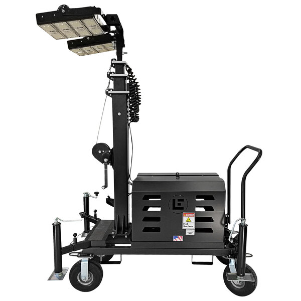 A black Lind Equipment Beacon LED light tower on a cart with wheels.