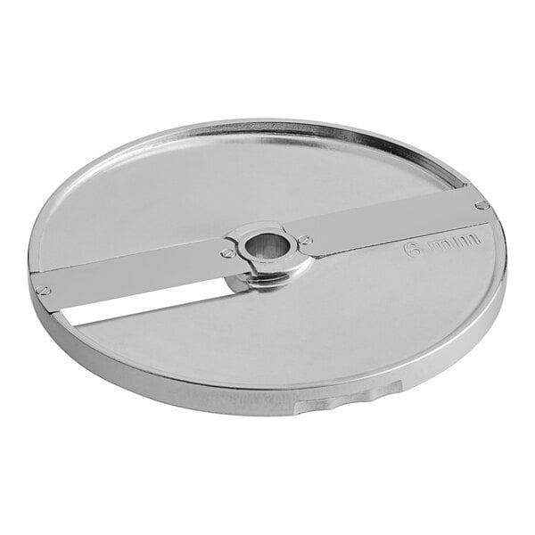 A stainless steel AvaMix 1/4" slicing plate for a food processor.