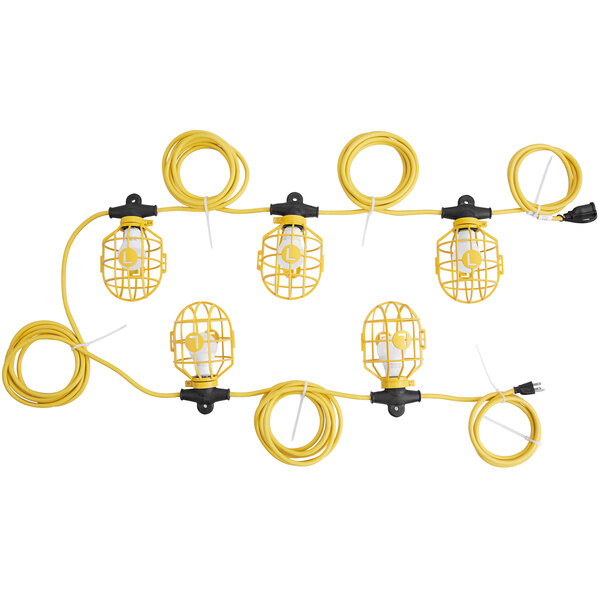A group of yellow lights with yellow plastic guards and yellow wire.