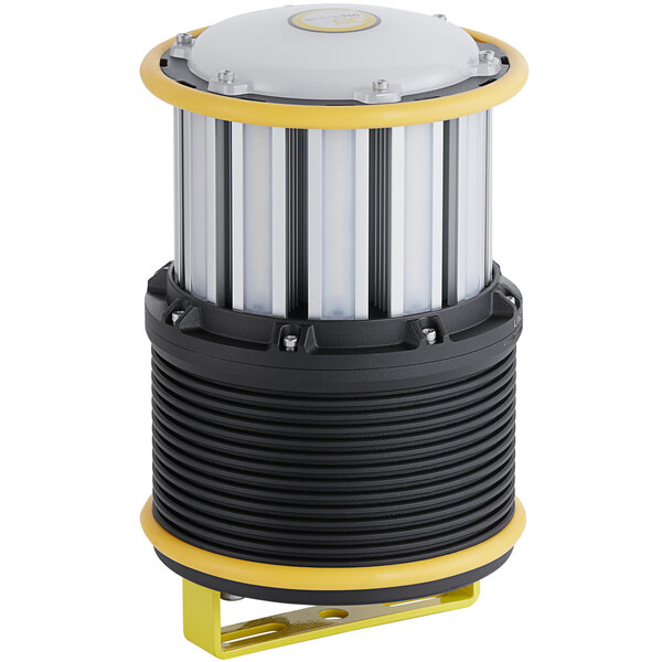 A yellow and black Lind Equipment Beacon360 GO portable area light with a white base.
