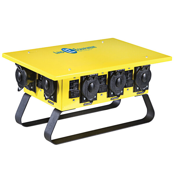 A yellow rectangular Lind Equipment temporary power distribution unit with black and black switches and sockets.