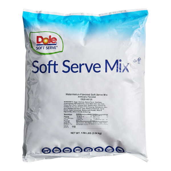 A white bag of Dole Soft Serve Watermelon Mix with blue text.