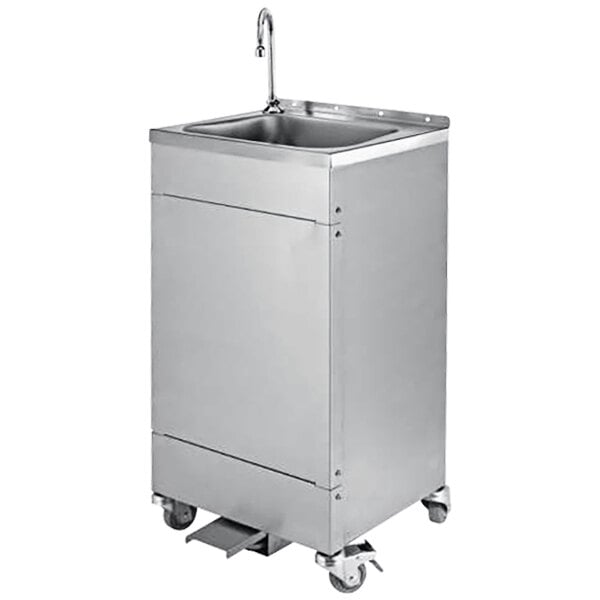 A stainless steel T&S portable handwashing station with wheels.