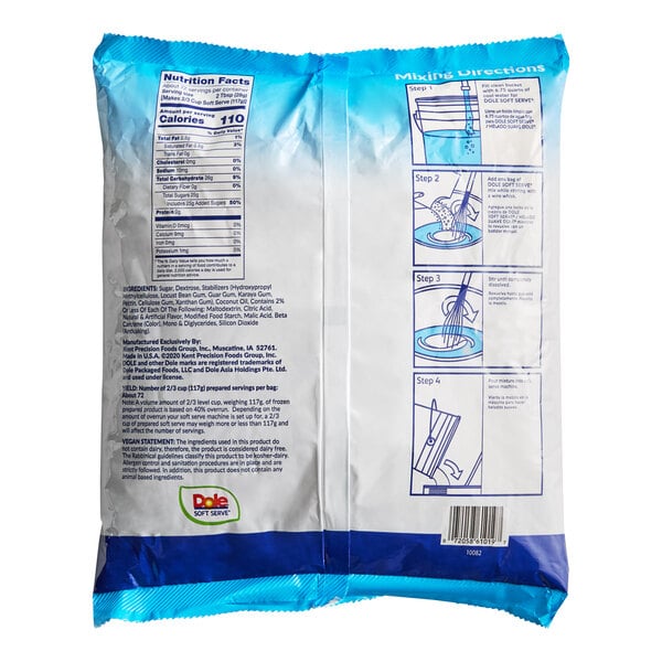 A package of DOLE Pineapple Soft Serve Mix with instructions on it.