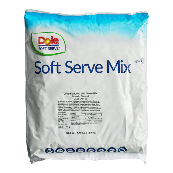 A white bag of DOLE Lime Soft Serve Mix with blue text.