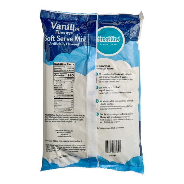 A bag of Frostline Vanilla Soft Serve Mix on a white background.