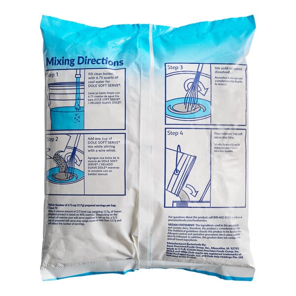 A white bag of DOLE Lemon Soft Serve Mix with blue text and instructions.