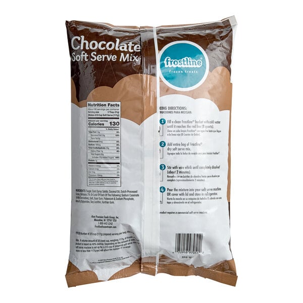 A bag of Frostline Chocolate Soft Serve Ice Cream Mix.
