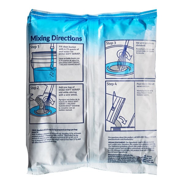 A white bag of DOLE SOFT SERVE Strawberry Soft Serve Mix with blue and white text.