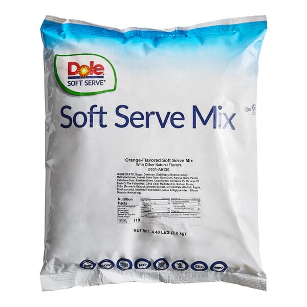 A white bag with blue text for DOLE SOFT SERVE Orange Soft Serve Mix.