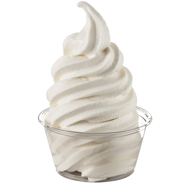 A cup of soft serve vanilla frozen yogurt with a white swirl.