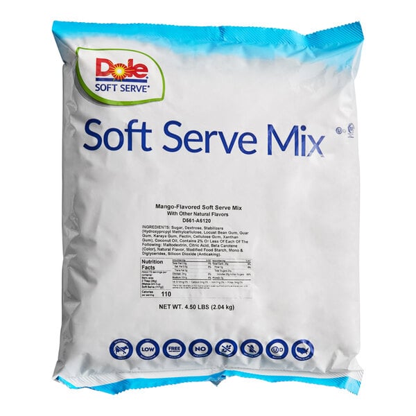 A white bag of DOLE SOFT SERVE Mango Soft Serve Mix with blue text.