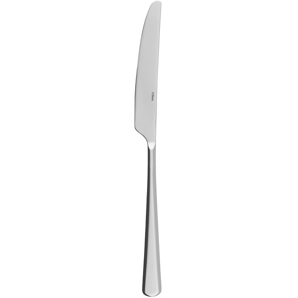 A silver knife with a black handle on a white background.