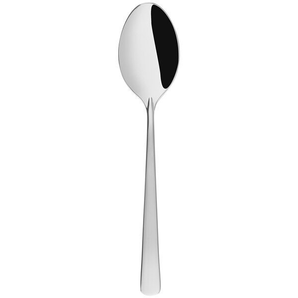 A Sola stainless steel serving spoon with a black handle.