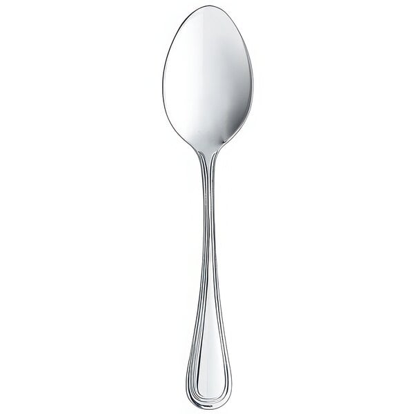 An Arcoroc stainless steel dessert spoon with a long silver handle.