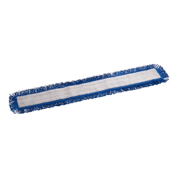 A white and blue mop pad with white fringe.