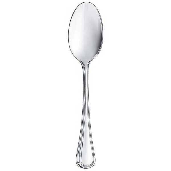 An Arcoroc stainless steel dinner spoon with a long handle.