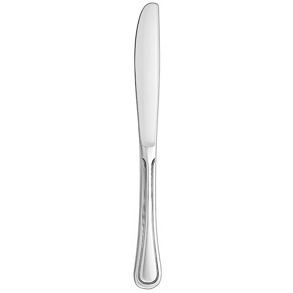 An Arcoroc stainless steel dinner knife with a silver handle on a white background.