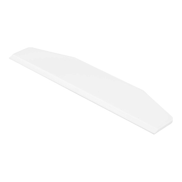 A white, flat, elongated object with angled edges, resembling a thin plastic or acrylic blade.