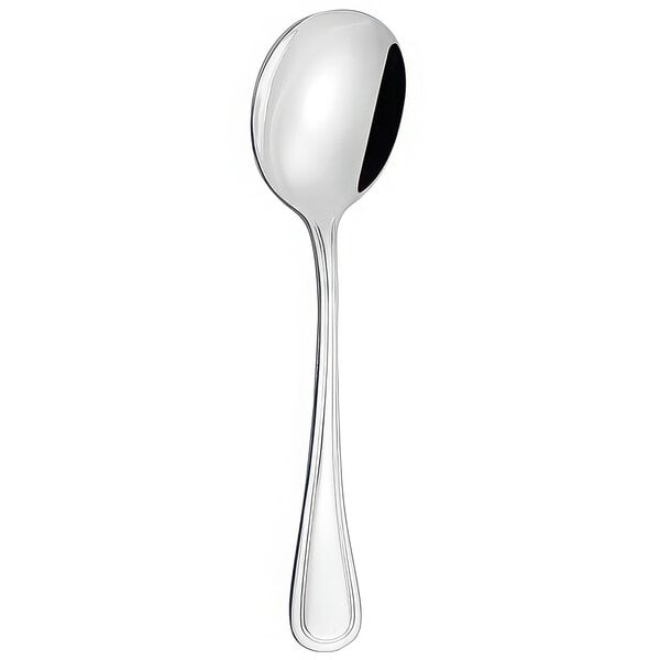 An Arcoroc stainless steel soup spoon with a black handle.