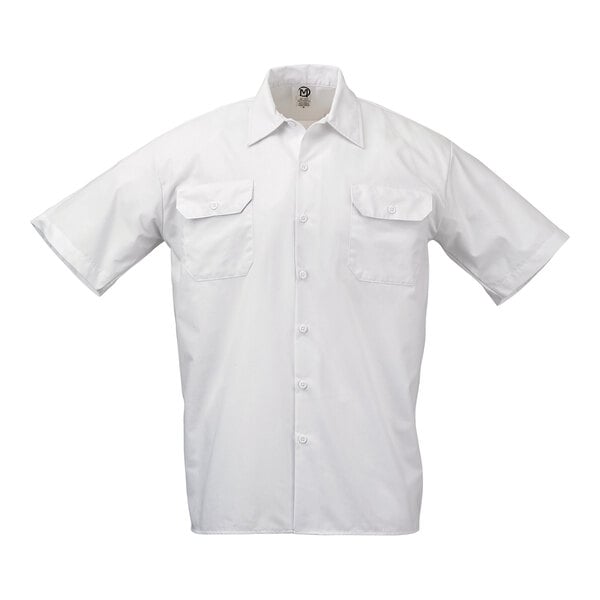 A white short sleeve work shirt with two chest pockets and a button-up front.