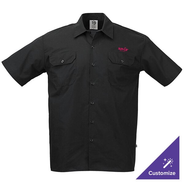 A black short sleeve unisex work shirt with two chest pockets and customizable embroidery.