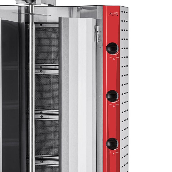 An Avantco gas gyro machine with red and white coloring and black accents.