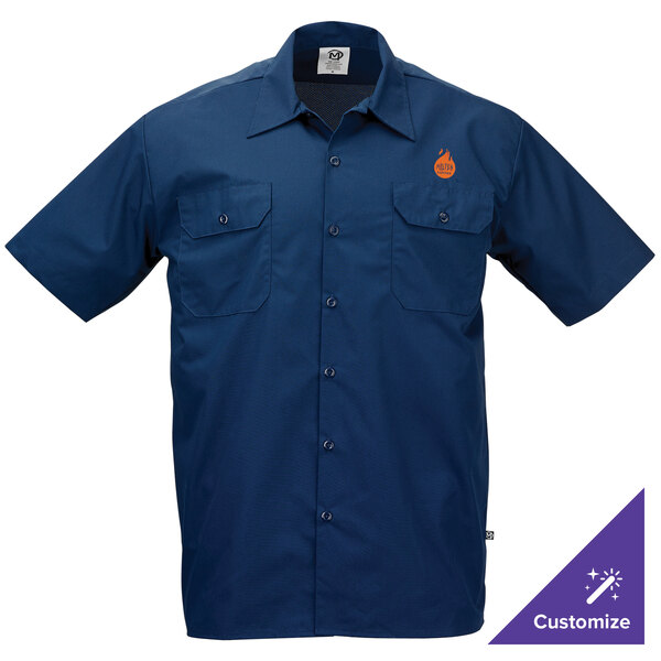 A navy blue short sleeve unisex work shirt with two chest pockets and a customizable logo on the left chest.