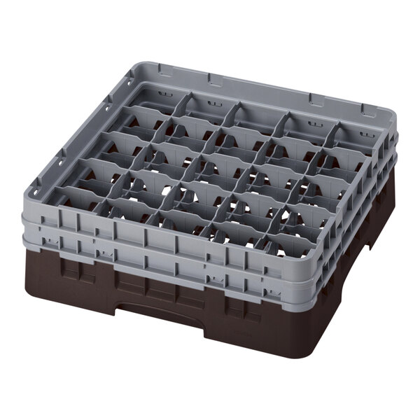 A brown plastic Cambro glass rack with 25 compartments.